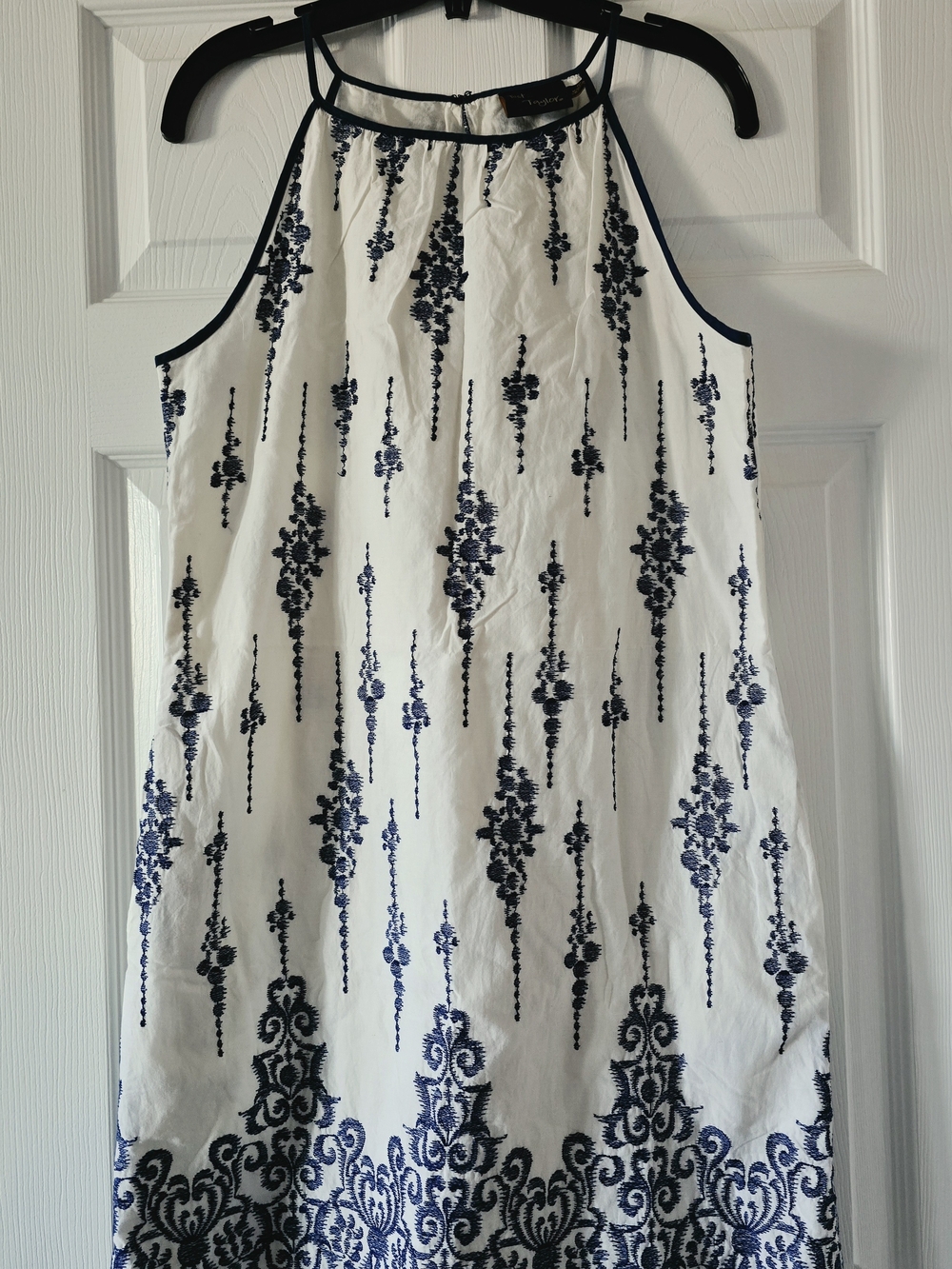 Just Taylor White Halter Dress with Blue Embroidered Pattern